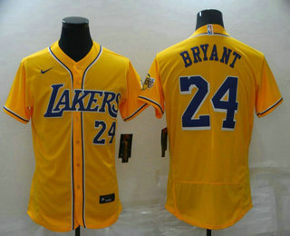 Mens Los Angeles Lakers #24 Kobe Bryant Number Yellow Cool Base Stitched Baseball Jersey->->NBA Jersey